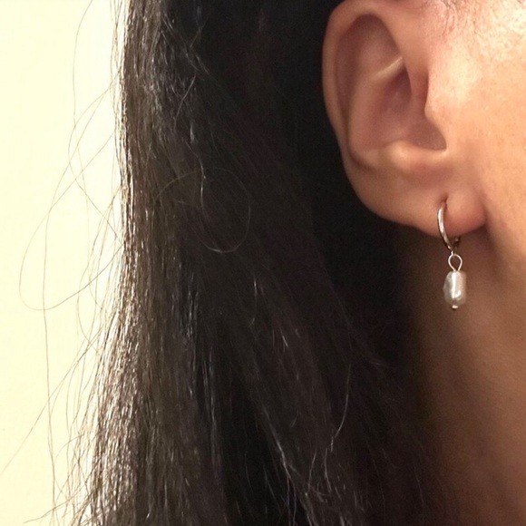 Sterling Silver Nickel Free Pearl Drop Dainty Earrings Small Huggie Hoop 925SS - Picture 6 of 8